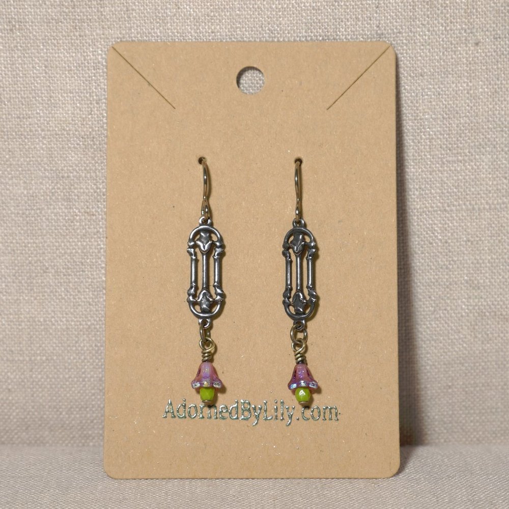 Hand Crafted Handmade Earrings Arts & Crafts Style Brass Pink Bell Flowe… - Picture 2 of 4
